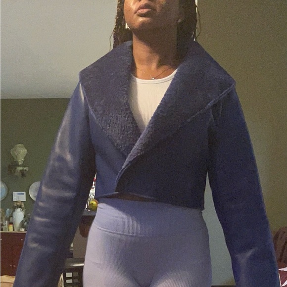 Blue Cropped Faux Leather/ Sherpa Leather Jacker - Picture 2 of 13